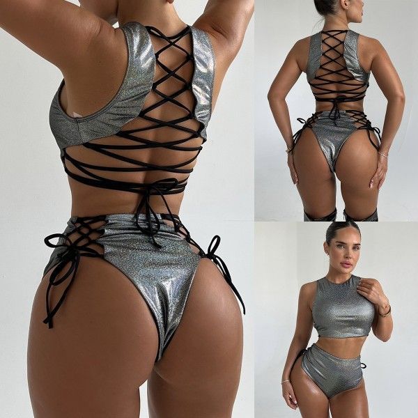 Backless Strap Cutout Bikini Glitter Two-piece Set