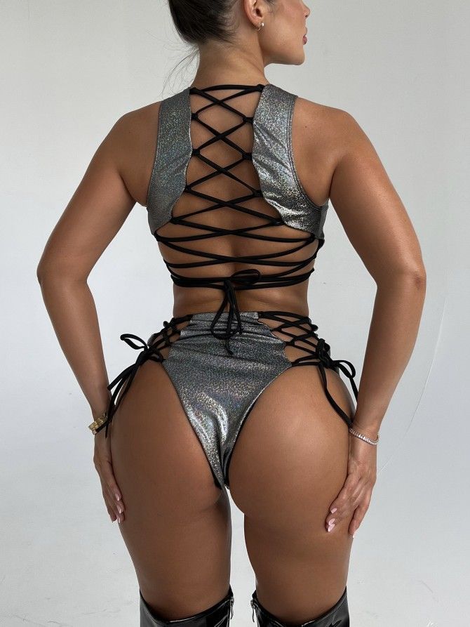 Backless Strap Cutout Bikini Glitter Two-piece Set
